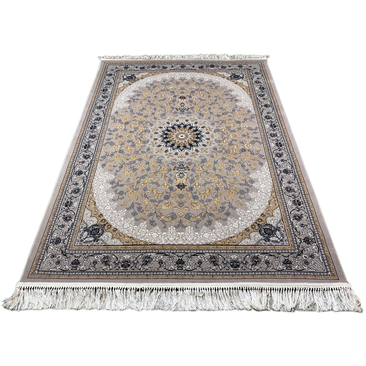 Medallion rug 160x230 cm: central medallion, gray-yellow floral pattern, fringes