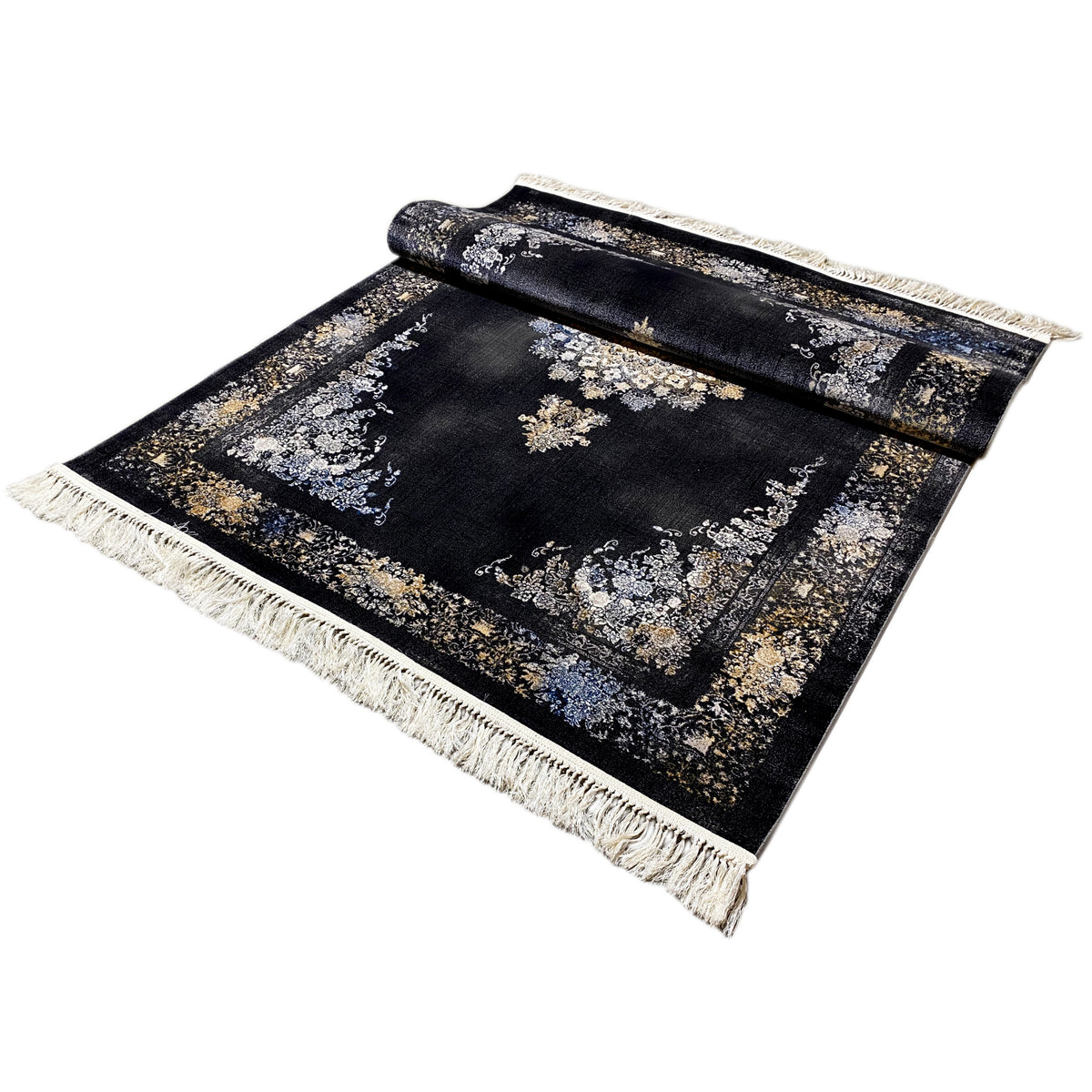 Carpet unrolled, appearing rolled up: dark background with ornaments, fringes along the edges