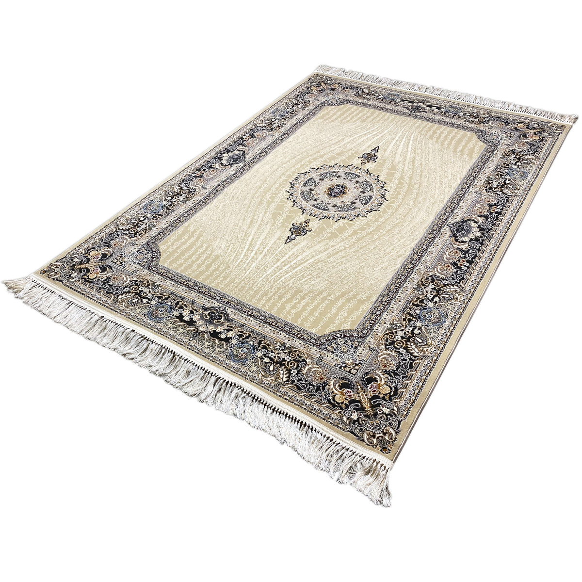 Woven rug in landscape format: cream background, blue-silver ornament, fringes
