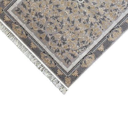 Corner detail of the medallion rug: floral ornament, gray-beige, fringe