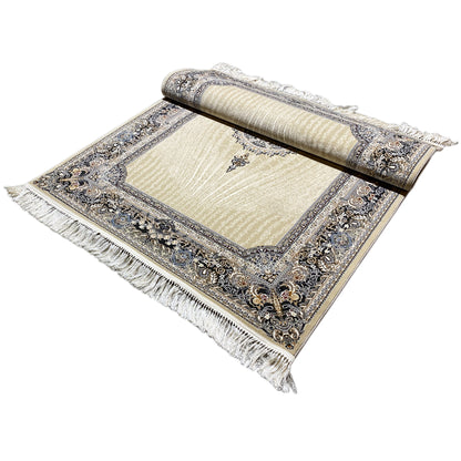 Woven rug rolled up: cream pattern, blue-silver ornaments, fringes