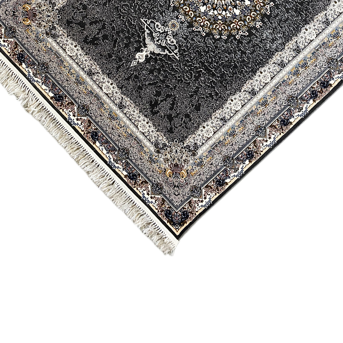 Corner of an Oriental rug with a detailed pattern, dark pile, and white fringes