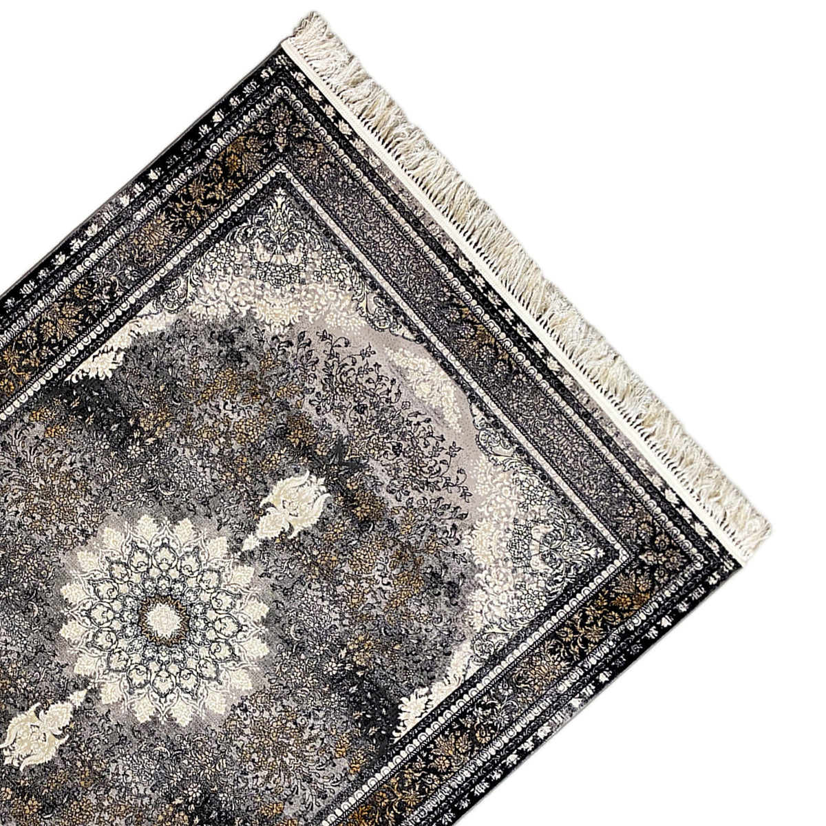 Rug 160x230 cm Detail: Medallion with floral ornament, dark border, light fringes
