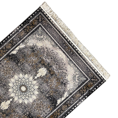 Rug 160x230 cm Detail: Medallion with floral ornament, dark border, light fringes