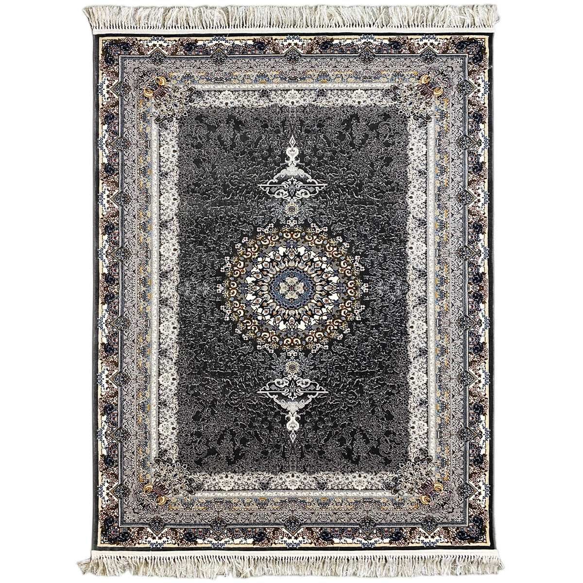 Black Oriental rug with silver decorative borders, a central medallion, and fringes