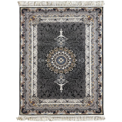 Black Oriental rug with silver decorative borders, a central medallion, and fringes