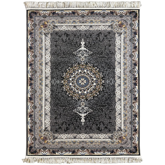 Black Oriental rug with silver decorative borders, a central medallion, and fringes