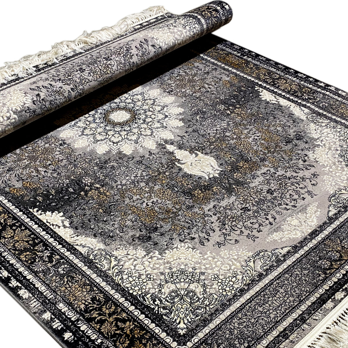 Rug 160x230 cm Detail: rolled section, fine patterns, medallion in the center, fringes