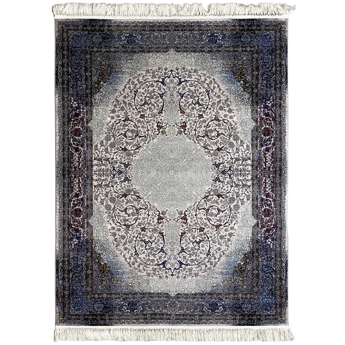 Sofia rug 160x230 cm with medallion pattern, dark blue border and beige fringes