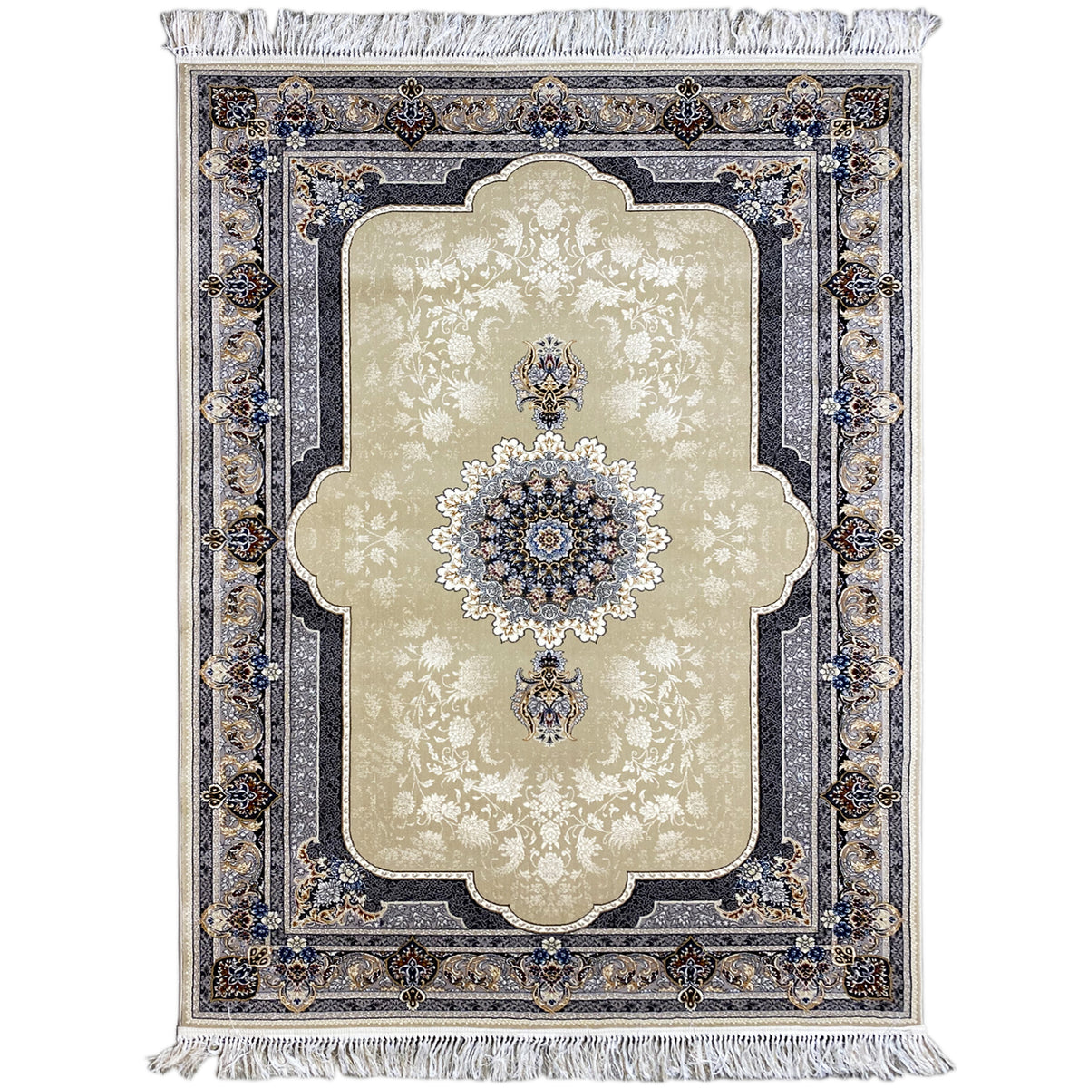 Beige rug with a blue-black ornamental border, floral medallion, and fringe