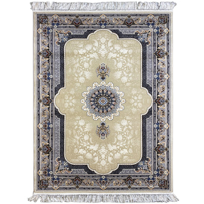 Beige rug with a blue-black ornamental border, floral medallion, and fringe