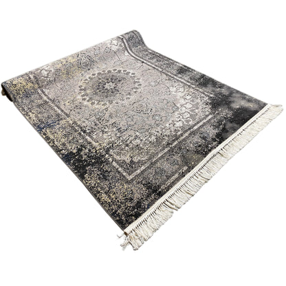 Vintage rug in gray with an ornamental field, border lines, and fringes