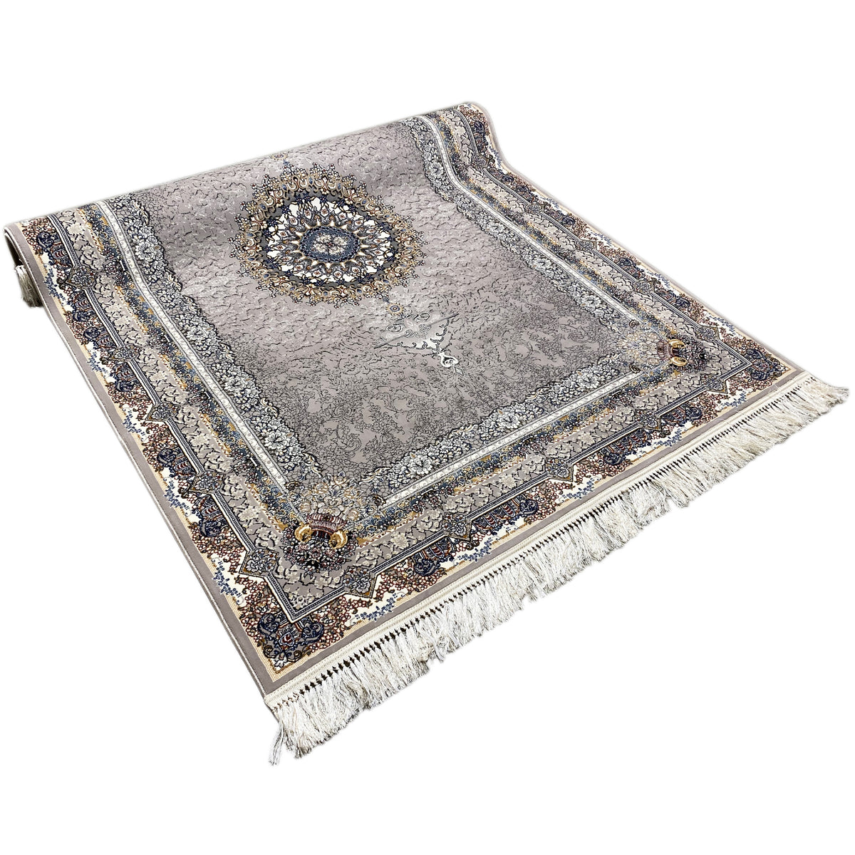 Noah rug with a double-sided border, central circular medallion, and fringes