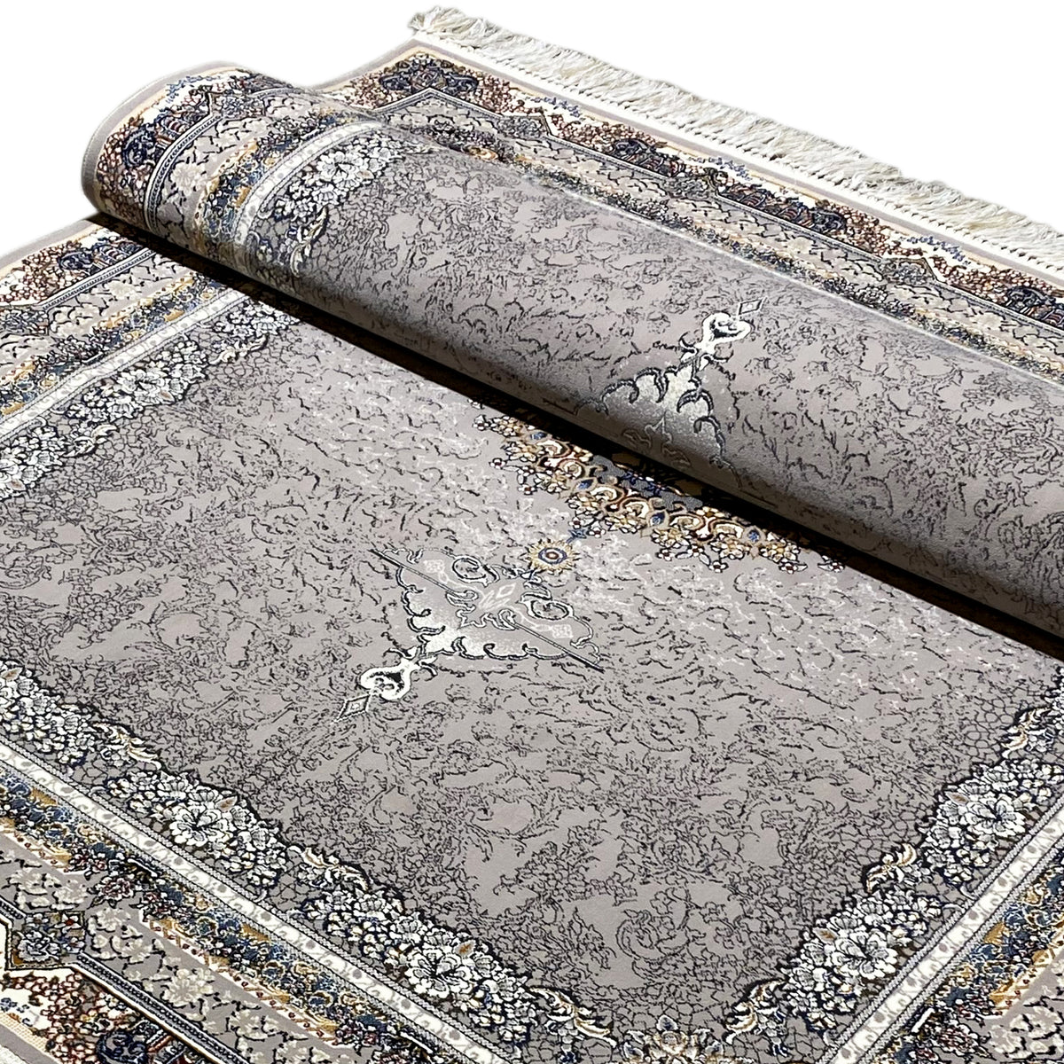 Carpet roll: anthracite-colored vintage rug with an ornamental medallion and border