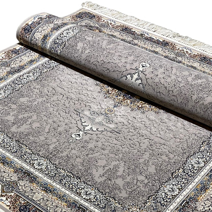Carpet roll: anthracite-colored vintage rug with an ornamental medallion and border