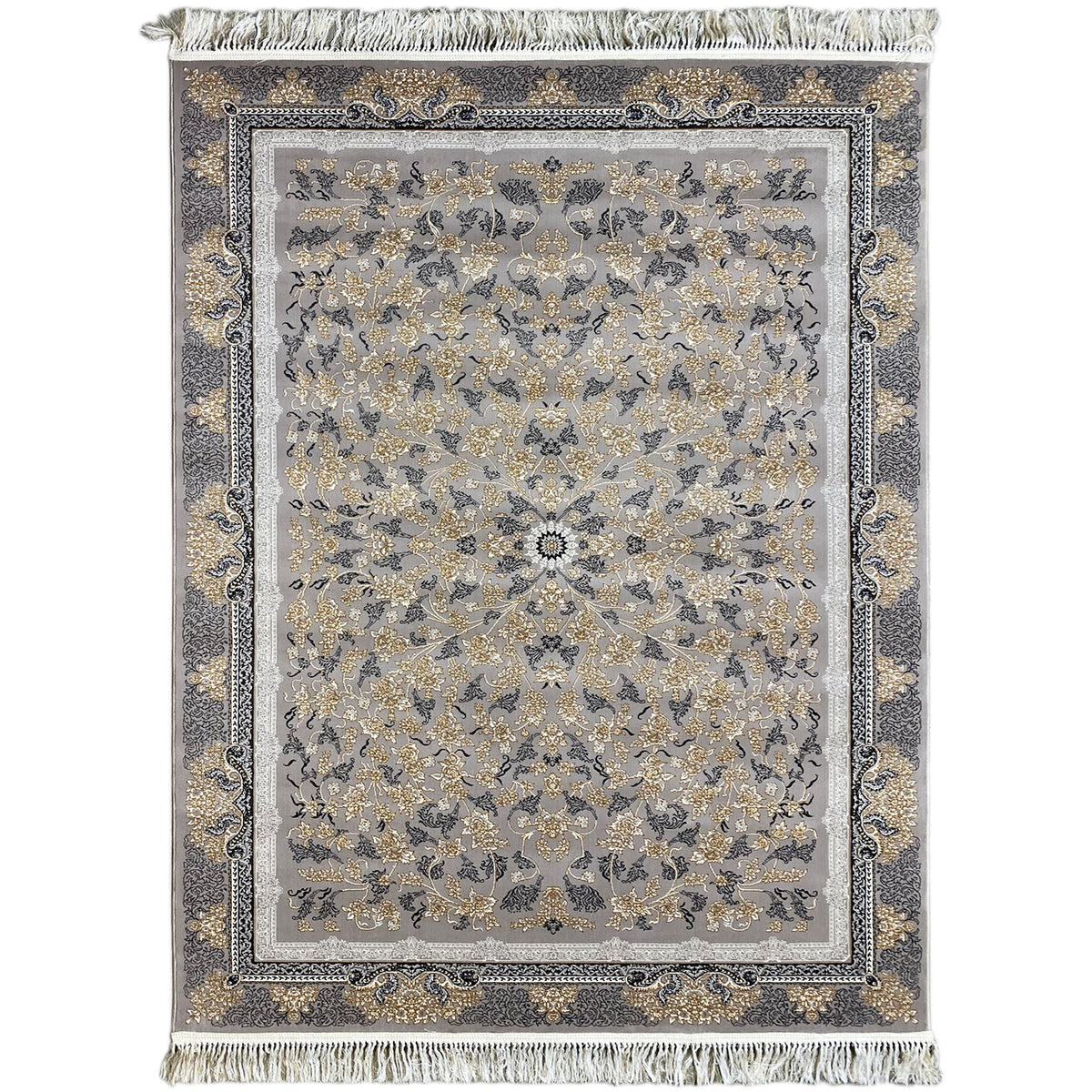 Rug with a medallion motif, floral ornamentation, gray background and gold-colored pattern, fringes