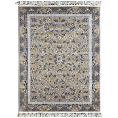 Rug with a medallion motif, floral ornamentation, gray background and gold-colored pattern, fringes