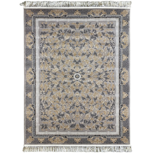 Rug with a medallion motif, floral ornamentation, gray background and gold-colored pattern, fringes