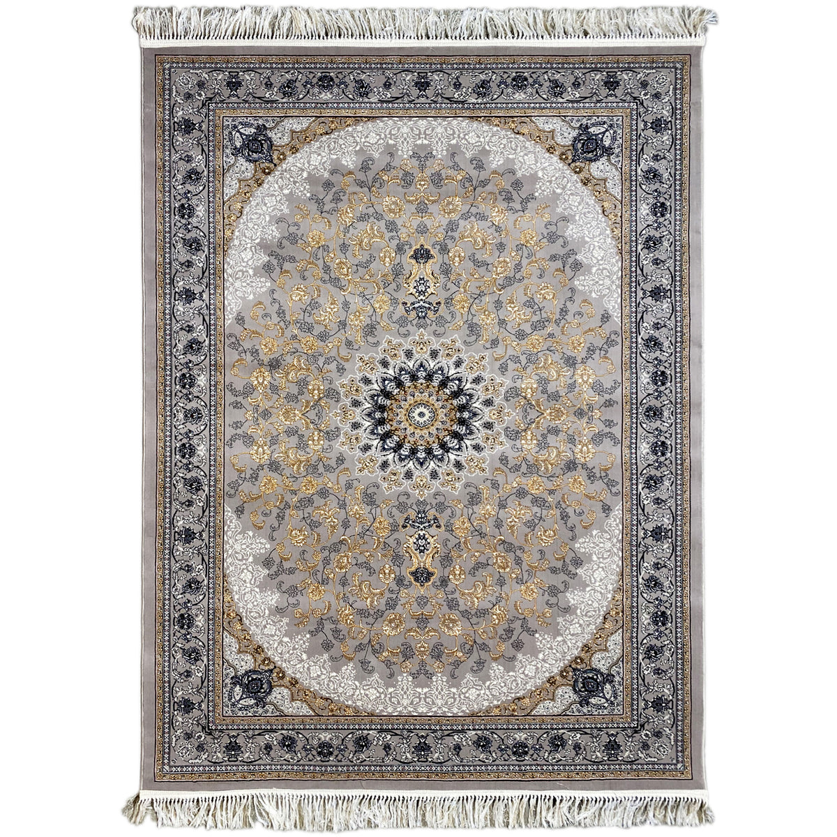 Medallion rug with ornaments in gray, gold, and dark blue, with fringes
