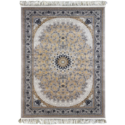 Medallion rug with ornaments in gray, gold, and dark blue, with fringes
