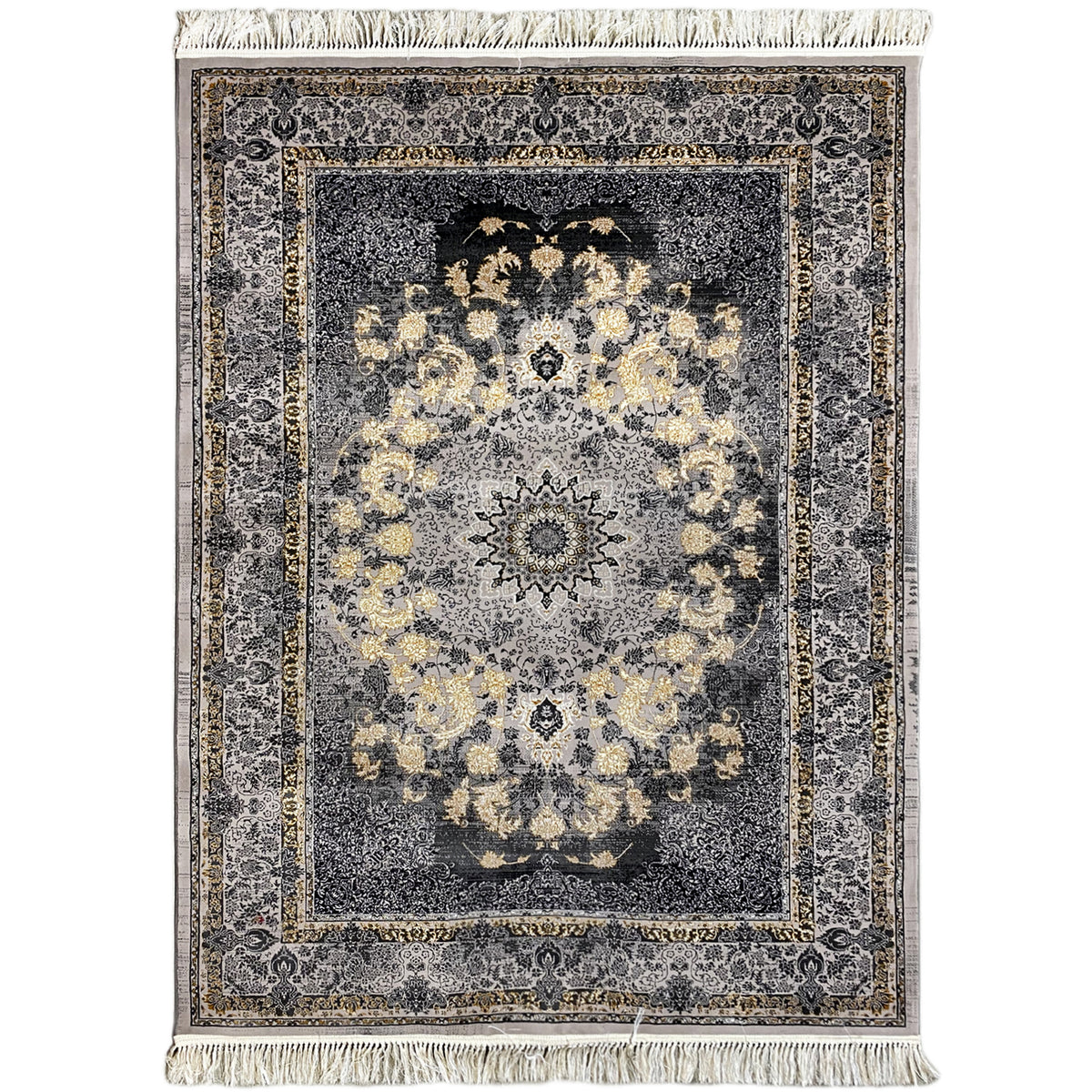 Medallion rug 160x230 with a dark gray background, golden beige ornaments, and fringe