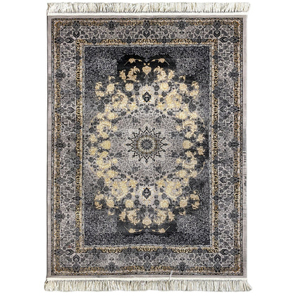 Medallion rug 160x230 with a dark gray background, golden beige ornaments, and fringe