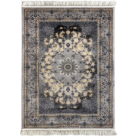 Medallion rug 160x230 with a dark gray background, golden beige ornaments, and fringe
