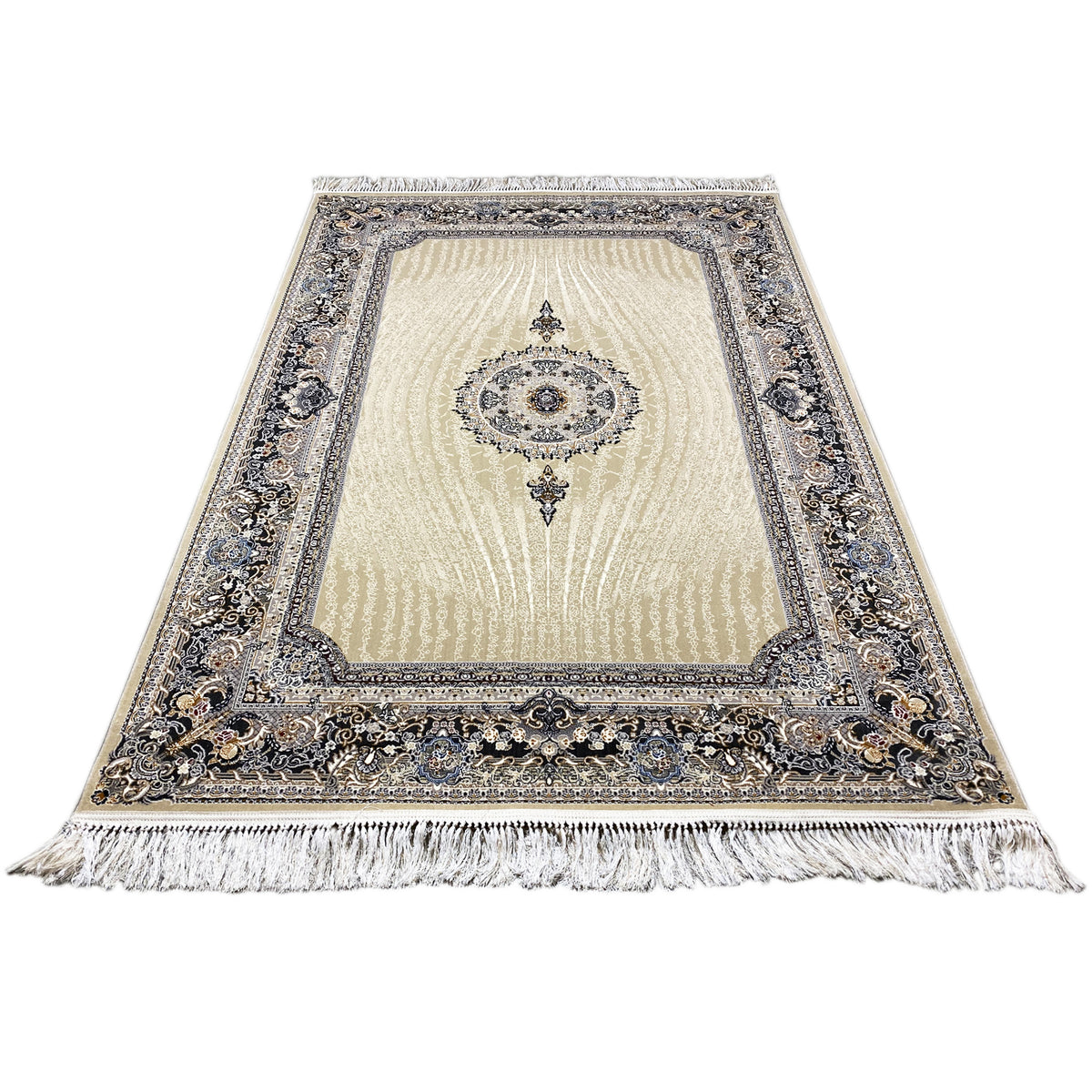Woven rug, cream-colored background with a blue-silver border and fringes