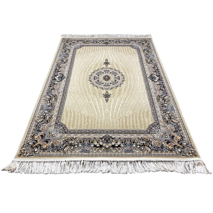 Woven rug, cream-colored background with a blue-silver border and fringes