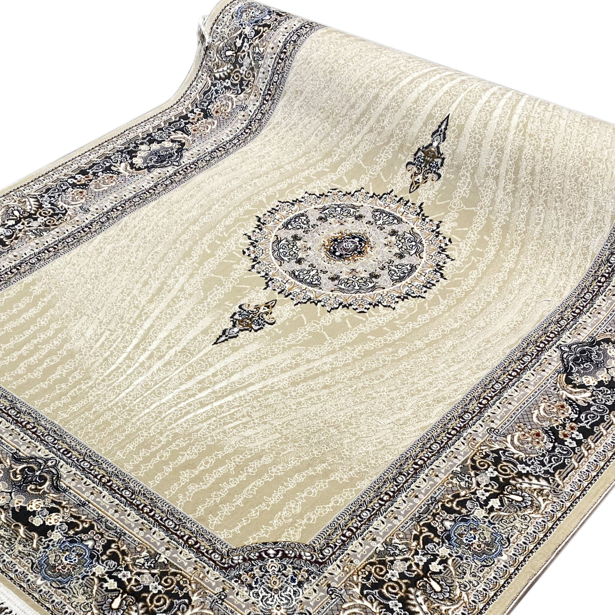 Woven rug with a central medallion, cream background, blue-silver border
