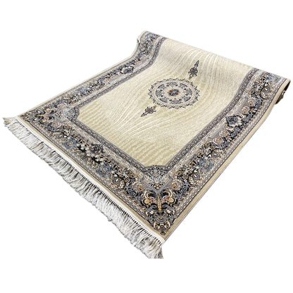 Woven rug with a cream base, blue-silver ornamental border, and side fringes