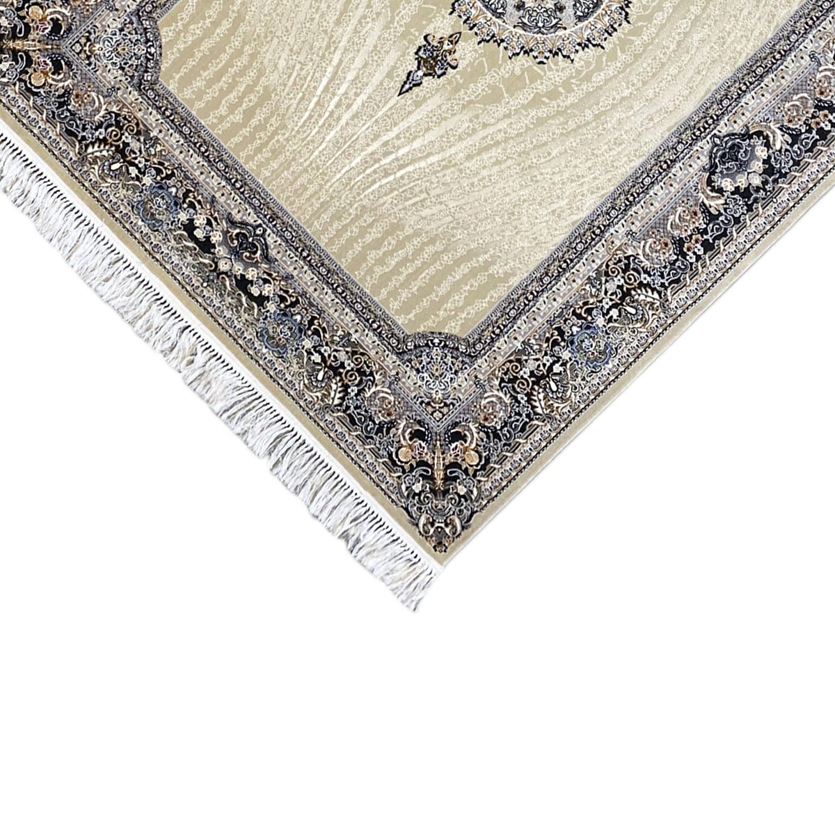 Woven rug with corner detail, cream base, blue-silver ornaments, and fringes