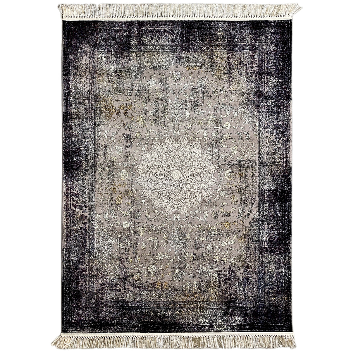 Vintage rug with an abstract pattern in gray/anthracite and a beige fringed border, rectangular