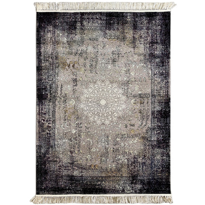 Vintage rug with an abstract pattern in gray/anthracite and a beige fringed border, rectangular