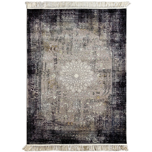 Vintage rug with an abstract pattern in gray/anthracite and a beige fringed border, rectangular