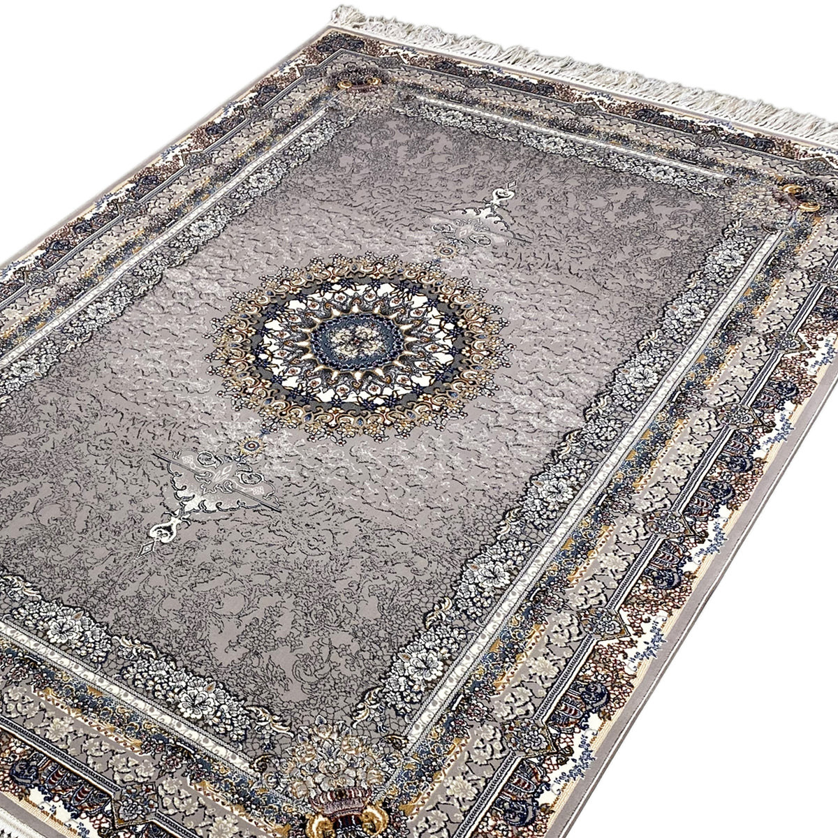 Anthracite vintage rug with a medallion pattern, rich borders, and fringes