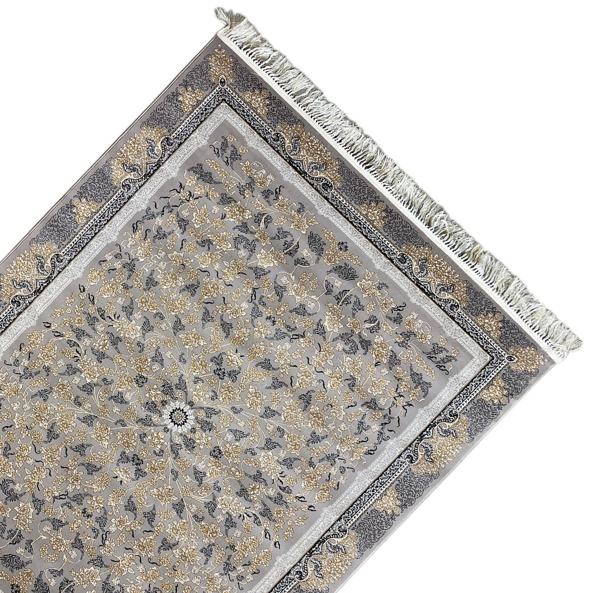 Rug in diagonal view with a border, silver-gray details, golden flowers, and fringes