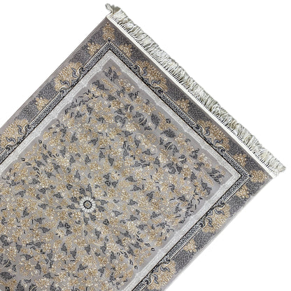 Rug in diagonal view with a border, silver-gray details, golden flowers, and fringes