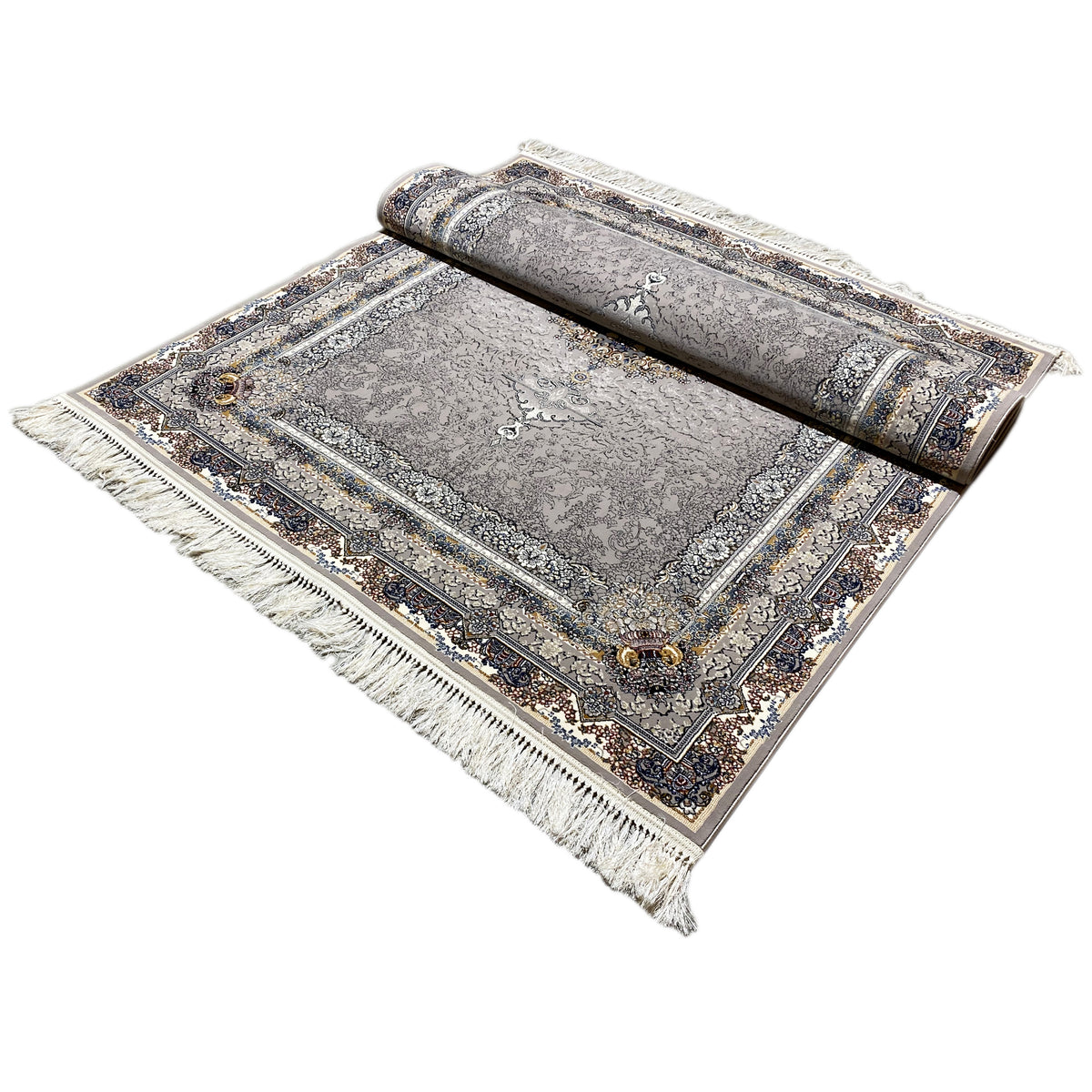 Anthracite-colored vintage rug, rolled, with a medallion and surrounding border