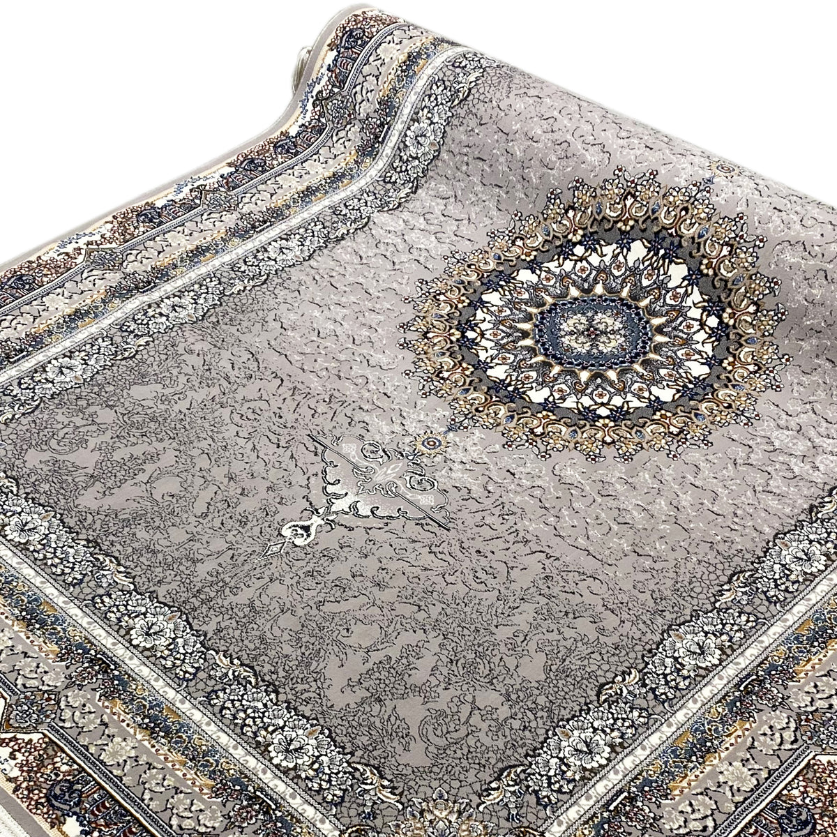 Anthracite-colored rug with a central medallion and detailed ornamental inlays