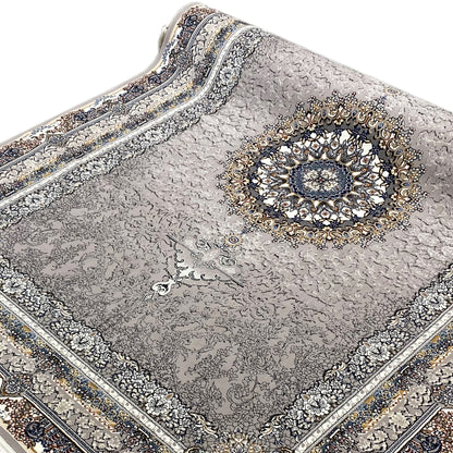 Anthracite-colored rug with a central medallion and detailed ornamental inlays