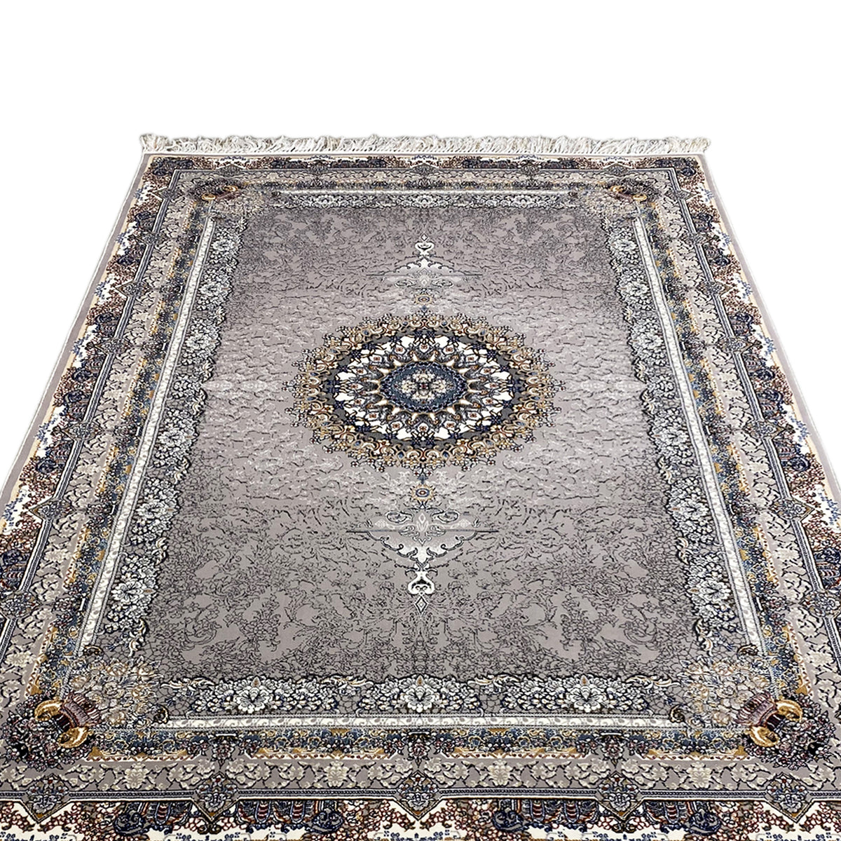 Anthracite vintage rug with a central medallion and double border