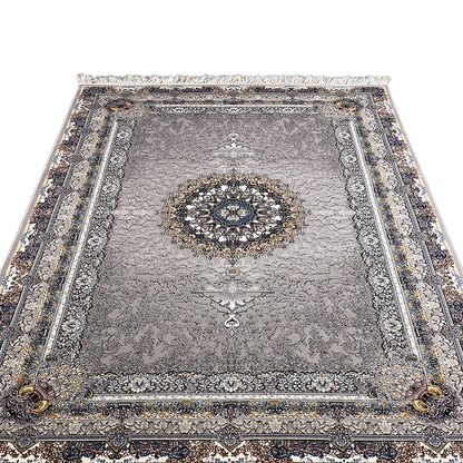 Anthracite vintage rug with a central medallion and double border