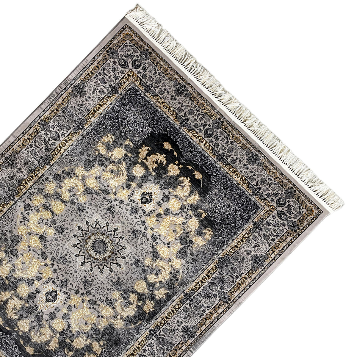 Corner view of a 160x230 medallion rug with a dark pattern, border trim, and fringes