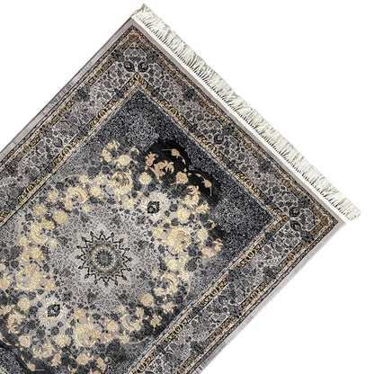 Corner view of a 160x230 medallion rug with a dark pattern, border trim, and fringes