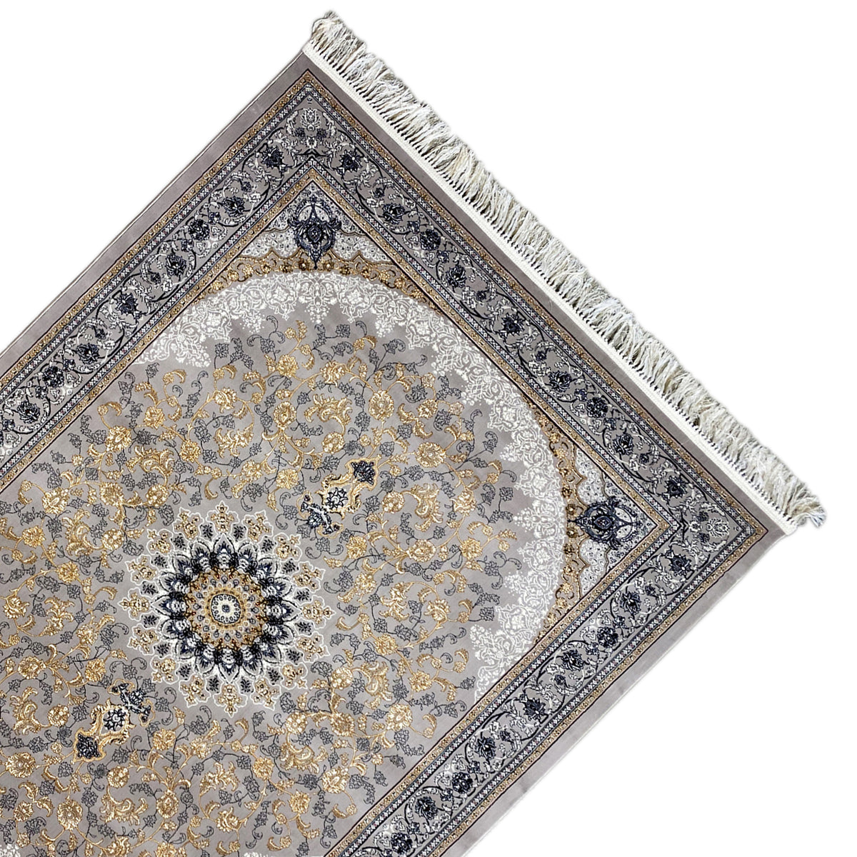 Rectangular medallion rug, stylized ornaments in gray, gold, and dark blue