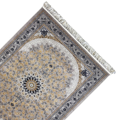 Rectangular medallion rug, stylized ornaments in gray, gold, and dark blue