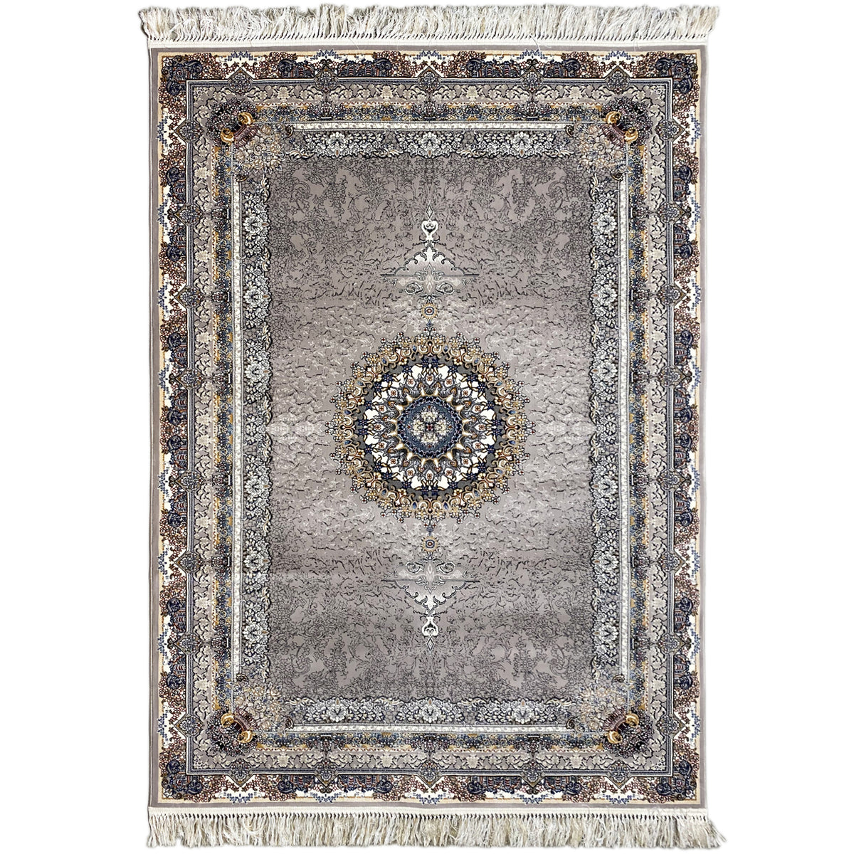 Noah rug in anthracite with an ornamental medallion, blue border, and fringes