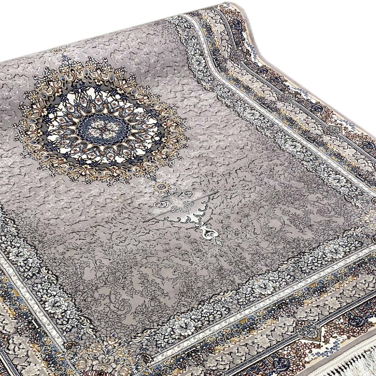 Noah rug with intricate ornaments: medallion in gold tones, framed in blue