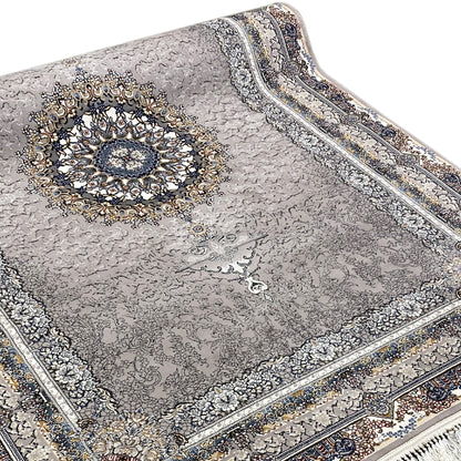 Noah rug with intricate ornaments: medallion in gold tones, framed in blue